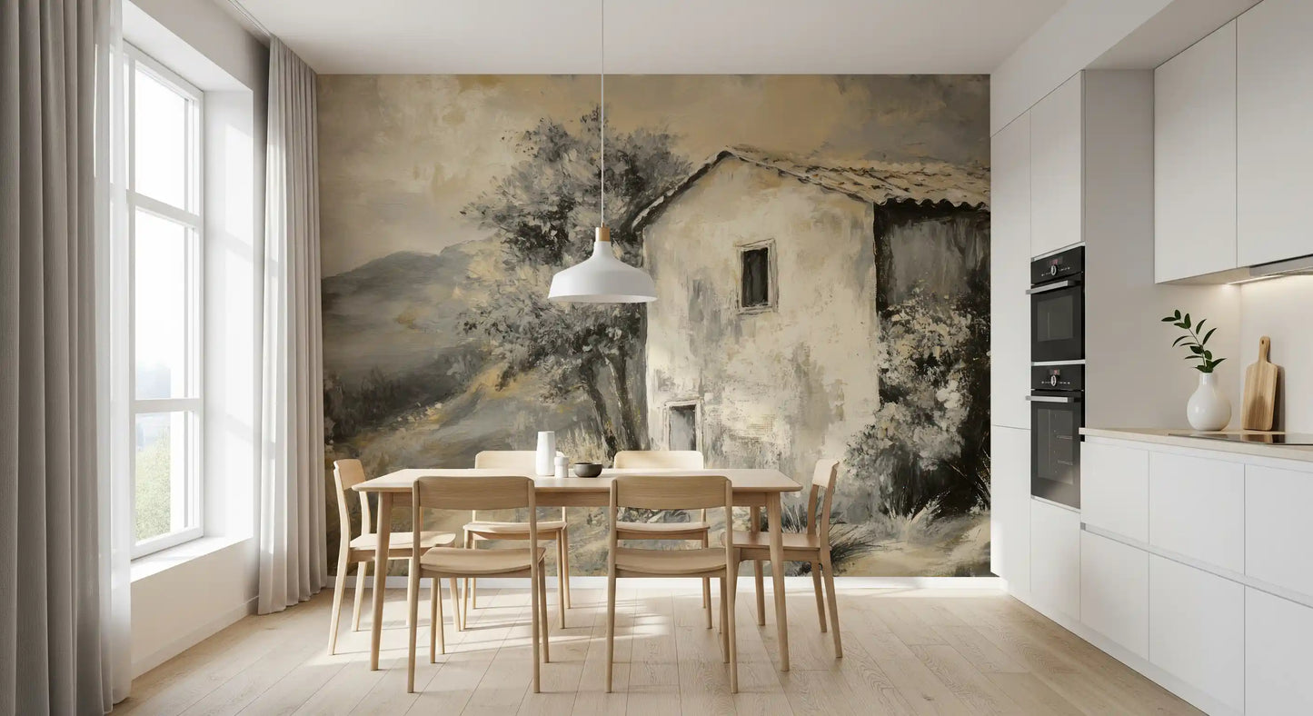 Grey and cream retreat mural for a dining area wall decoration project.