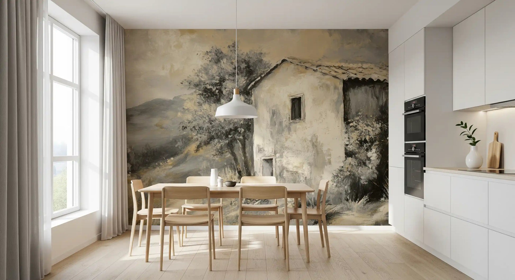 Grey and cream retreat mural for a dining area wall decoration project.