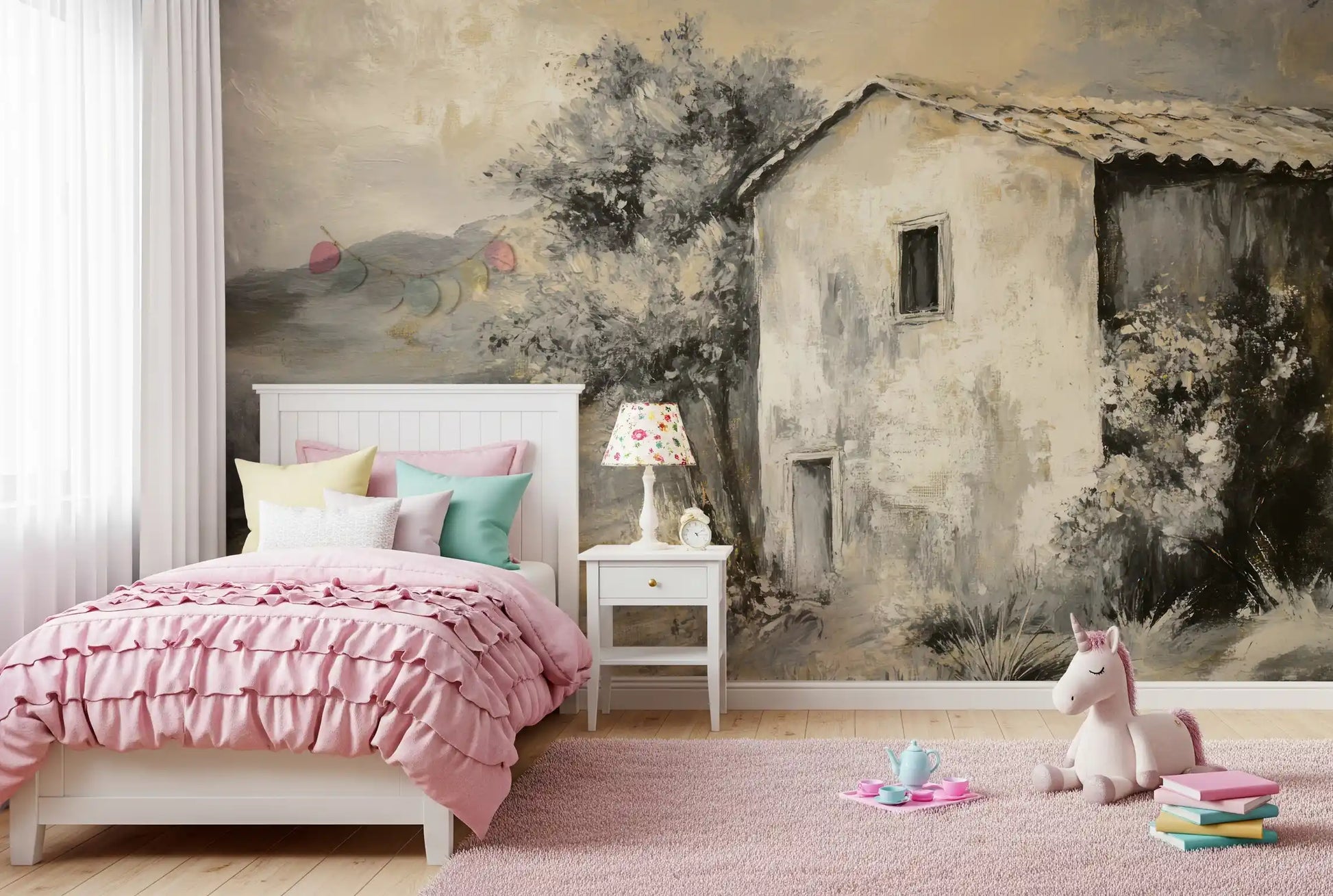 Rustic Retreat Painterly Landscape Wall Mural for kids berdroom.