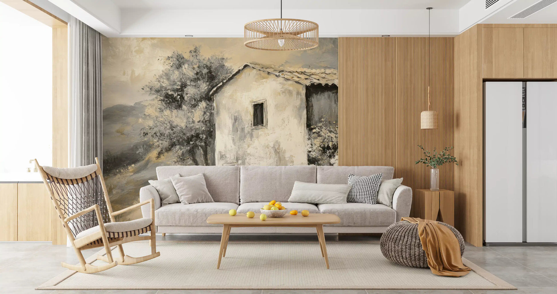 Abstract oil painting style cottage landscape wall mural for living area.