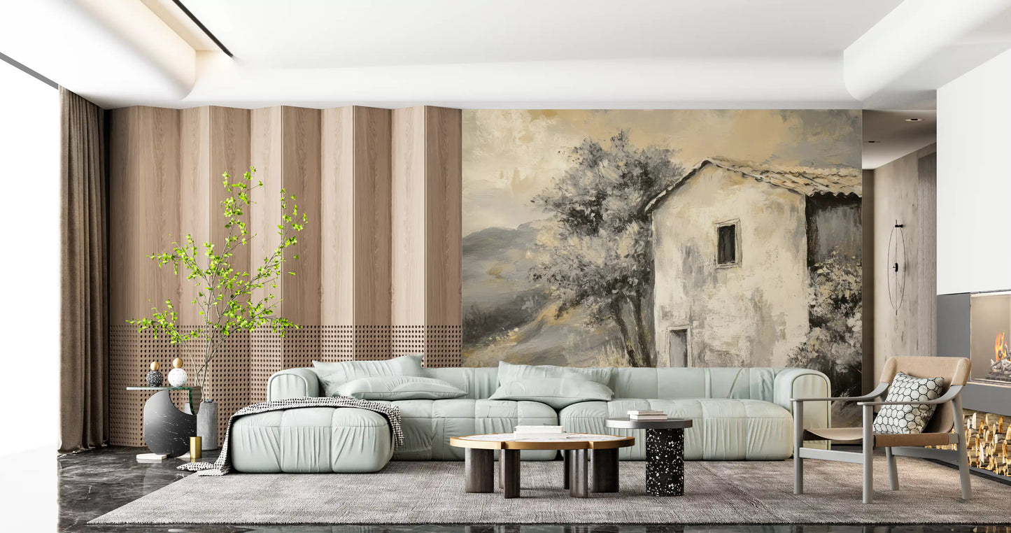 Rustic Retreat Painterly Landscape Wall Mural for a living room interior.