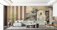 Rustic Retreat Painterly Landscape Wall Mural for a living room interior.
