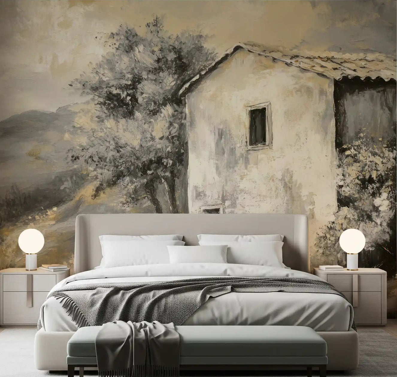 Beige and grey painterly house landscape mural for a bedroom wall.