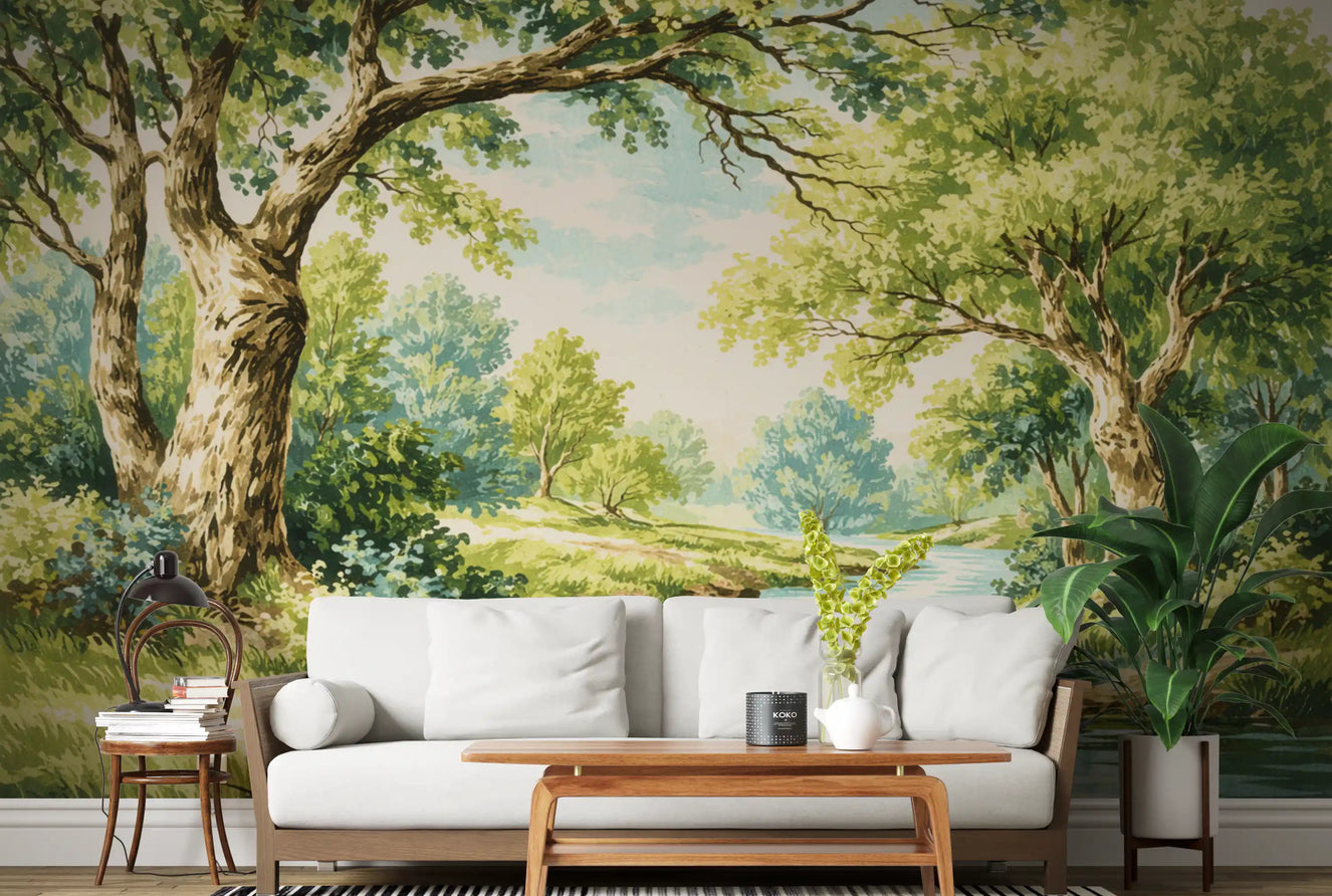 Enchanted Woodland Stream Wall Mural for a green living room interior.