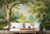 Enchanted Woodland Stream Wall Mural for a green living room interior.