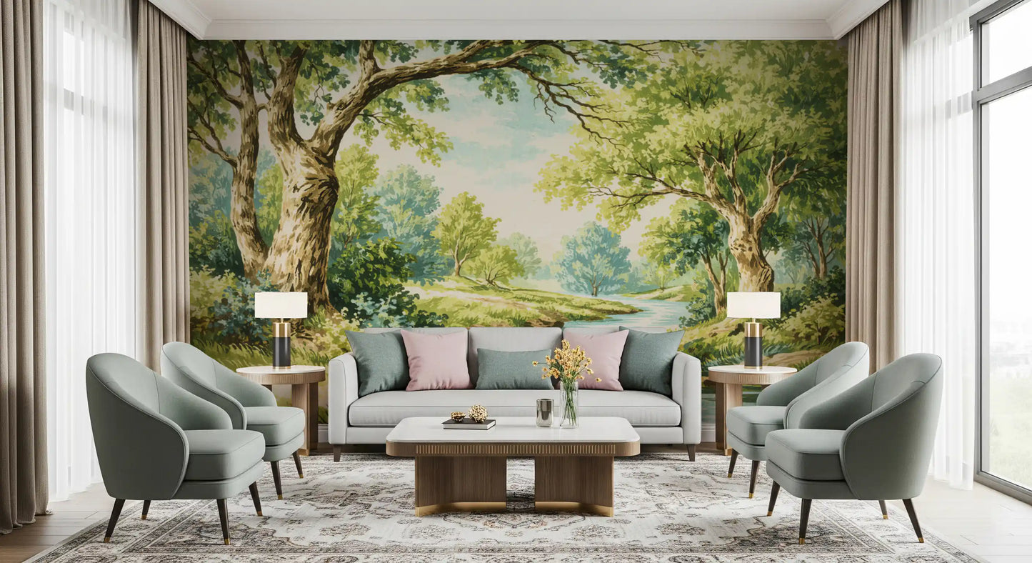 Enchanted Woodland Stream Wall Mural for living room interior.