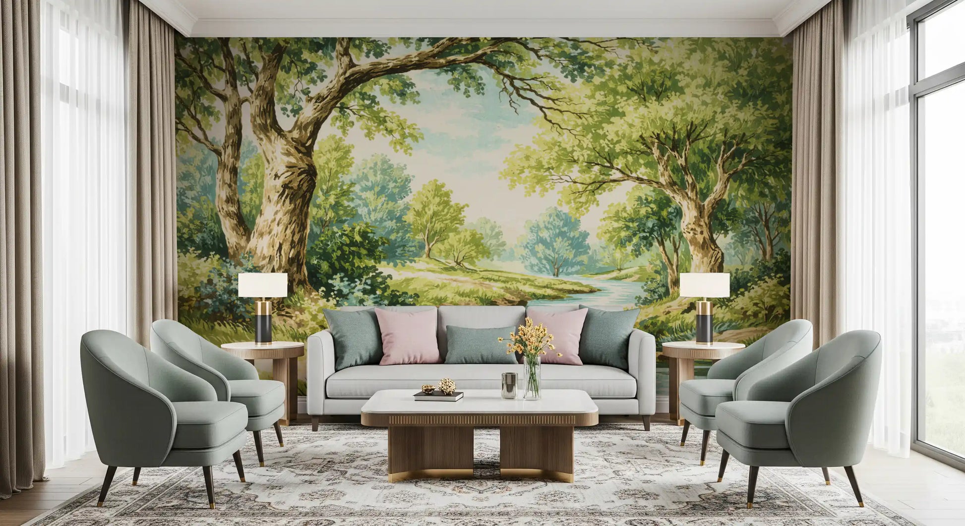 Enchanted Woodland Stream Wall Mural for living room interior.