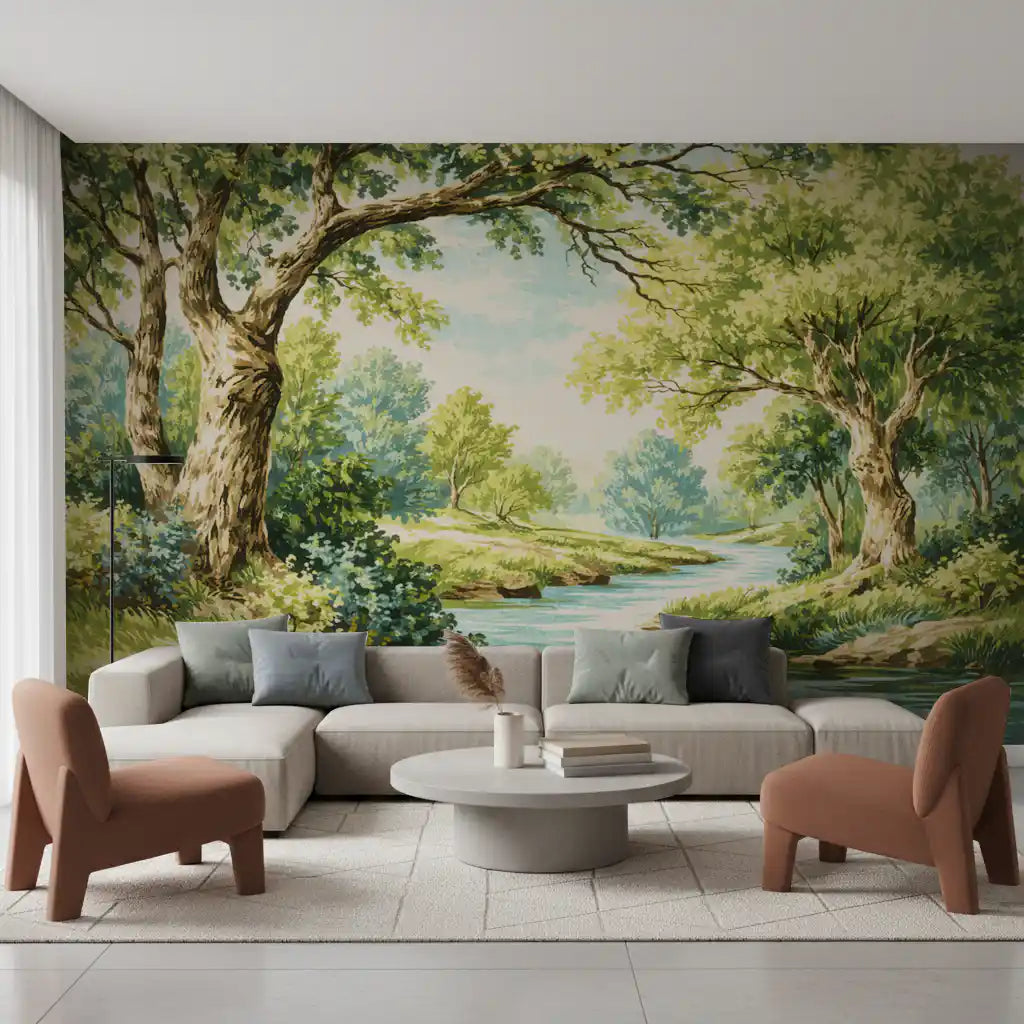 Natural landscape print with oak trees and blue water wall mural.