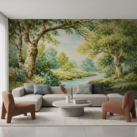 Natural landscape print with oak trees and blue water wall mural.