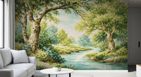 Vintage style woodland landscape with greenery and stream wall mural.
