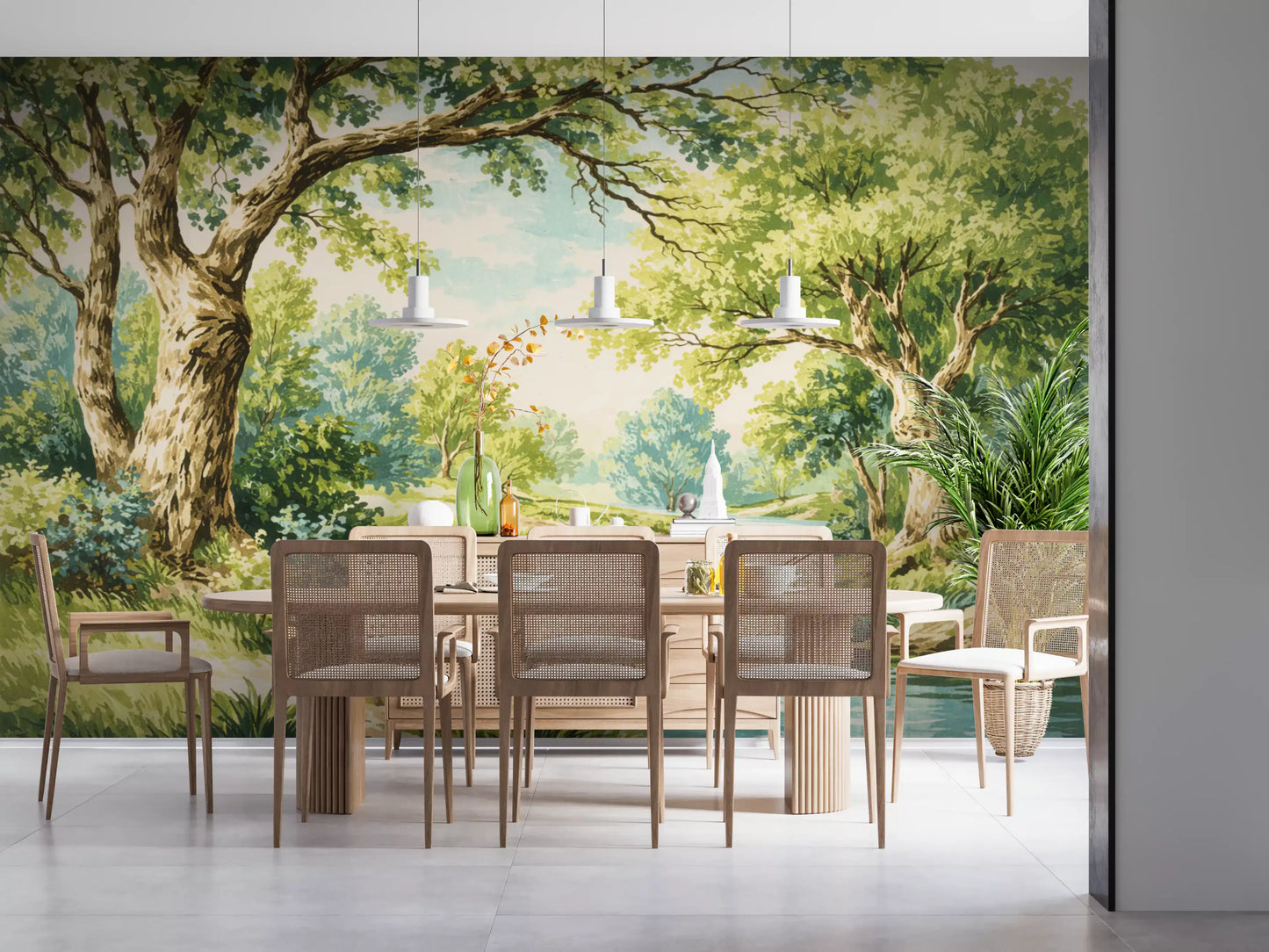 Green forest landscape with blue river mural for dining area wall.