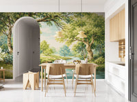 Woodland stream wall mural for dining area backdrop.