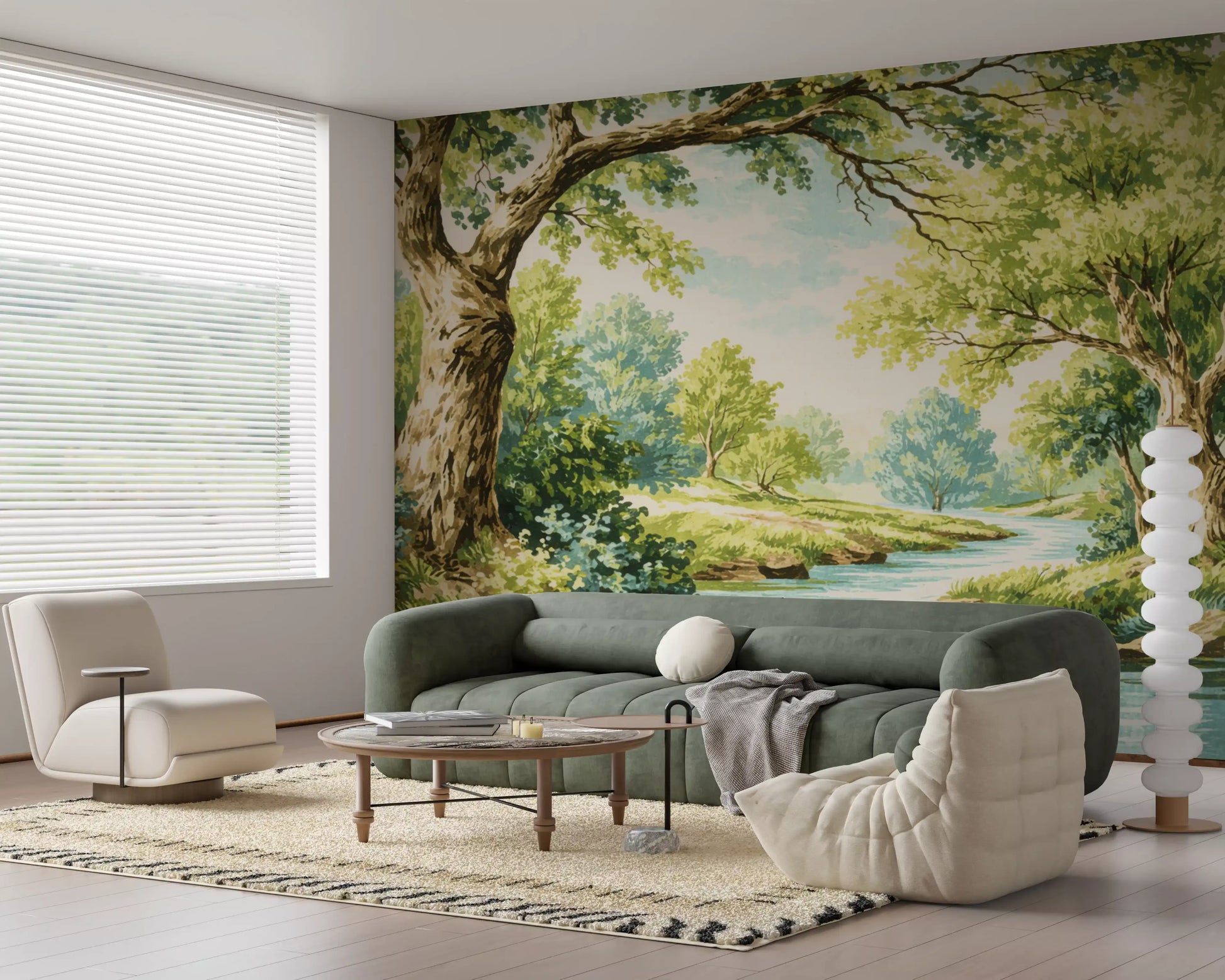 Watercolor style woodland trees and water stream wall mural.