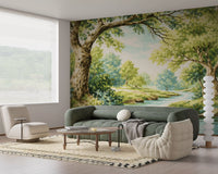 Watercolor style woodland trees and water stream wall mural.