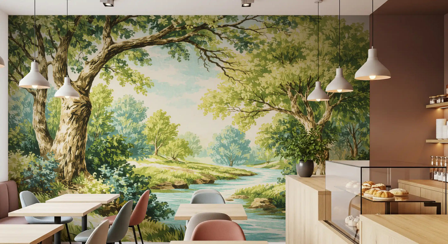 Soft green and yellow foliage woodland wall mural for a cafe area.