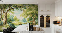 Enchanted Woodland Stream Wall Mural in a dining area with nature scene.