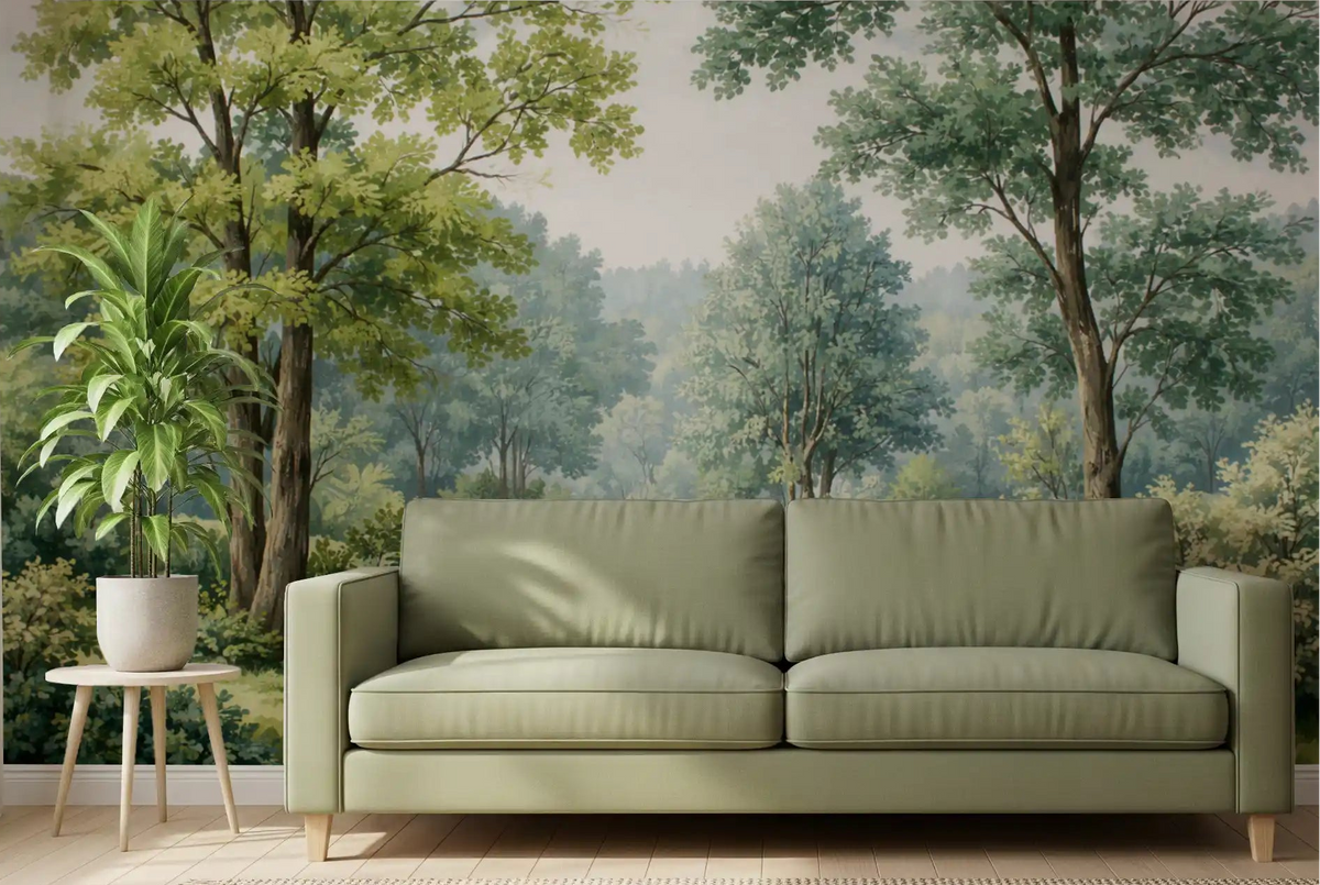 Scenic forest wall mural featuring a blue river and lush greenery in living room, GD10022