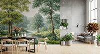 Bend wall mural with a winding waterway and large green canopy trees