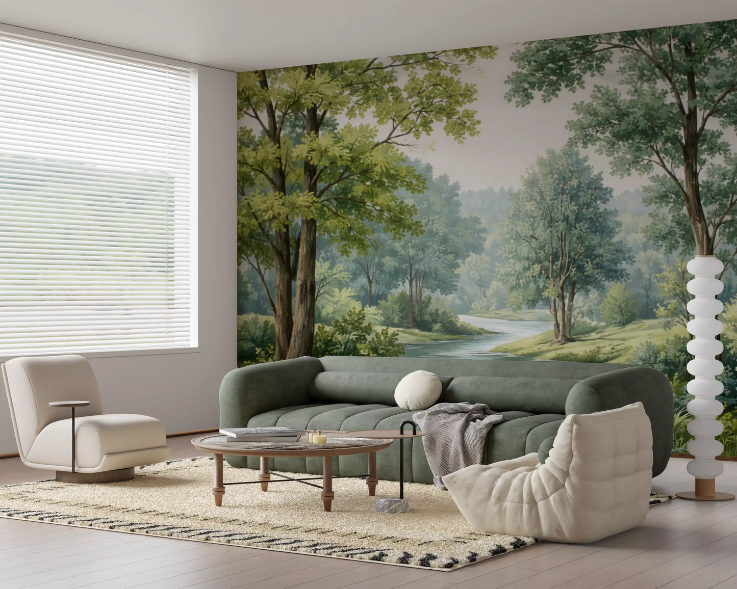 Woodland River Bend Wall Mural depicting a country river landscape in hallway