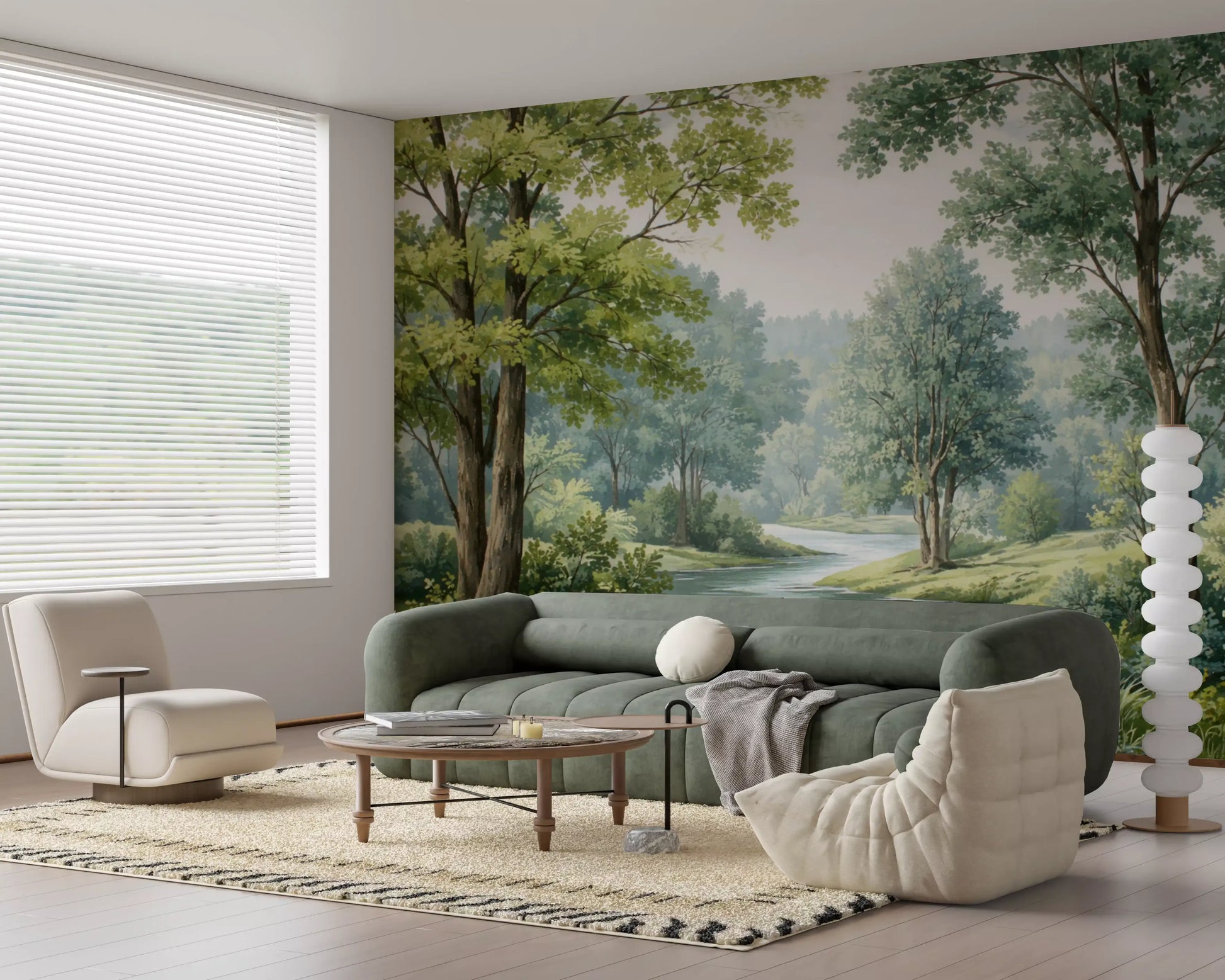 Woodland River Bend Wall Mural depicting a country river landscape in hallway