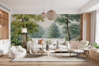 Scenic woodland wall mural with teal water and green leafy trees for living area.