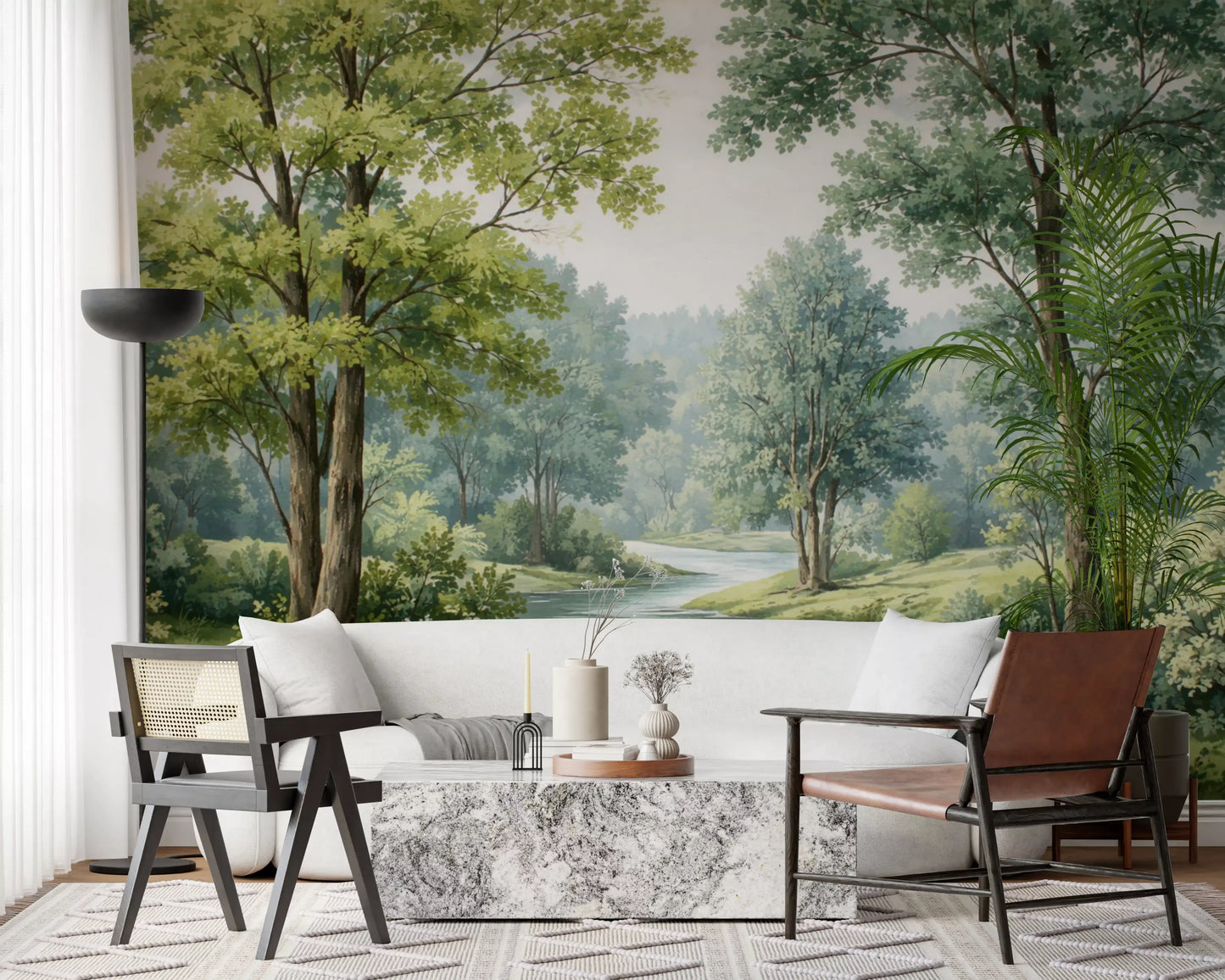 Woodland River Bend Wall Mural with green trees and a blue river.
