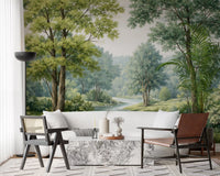 Woodland River Bend Wall Mural with green trees and a blue river.