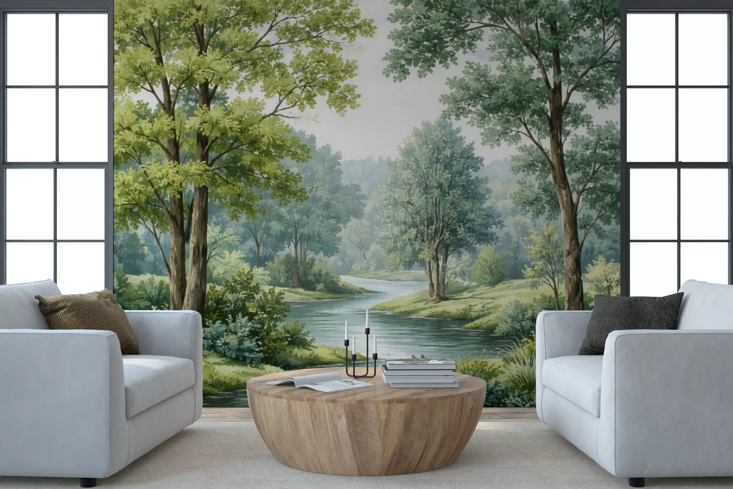 Forest landscape wall mural featuring a winding river and oak trees for living room.