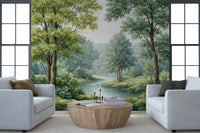 Forest landscape wall mural featuring a winding river and oak trees for living room.