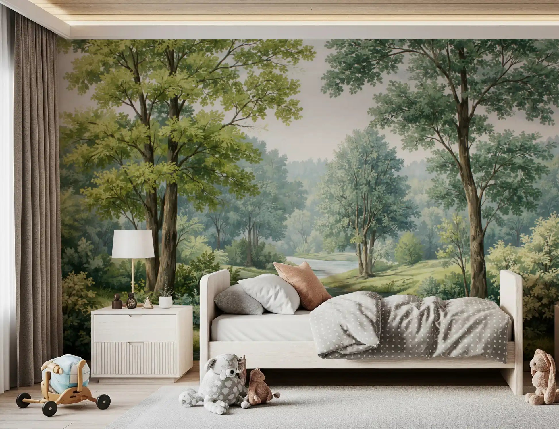 River wall mural showing a flowing stream through a dense green forest area