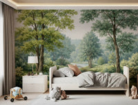 River wall mural showing a flowing stream through a dense green forest area