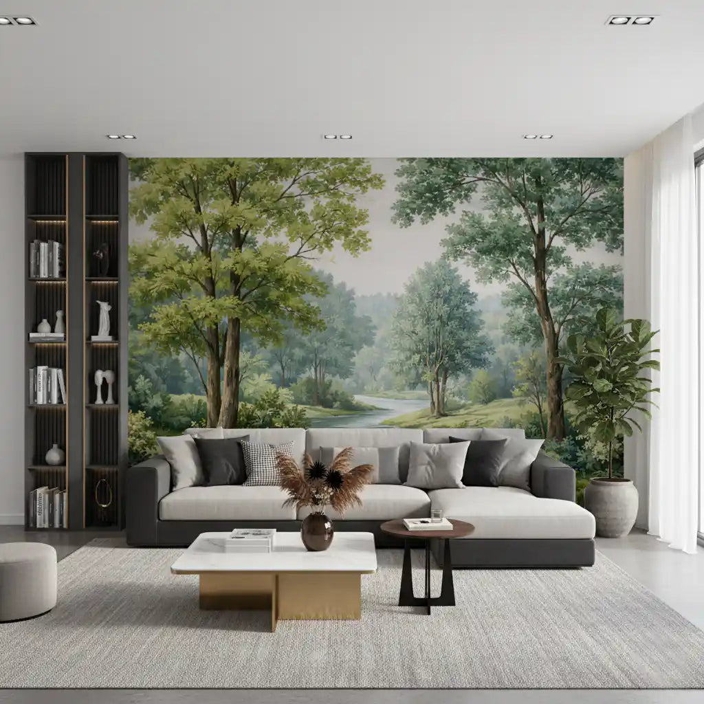 Vintage style Woodland wall mural with earthy brown and green tree tones