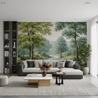 Vintage style Woodland wall mural with earthy brown and green tree tones