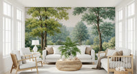 Green forest wall mural with a blue stream and grassy banks in seating area.
