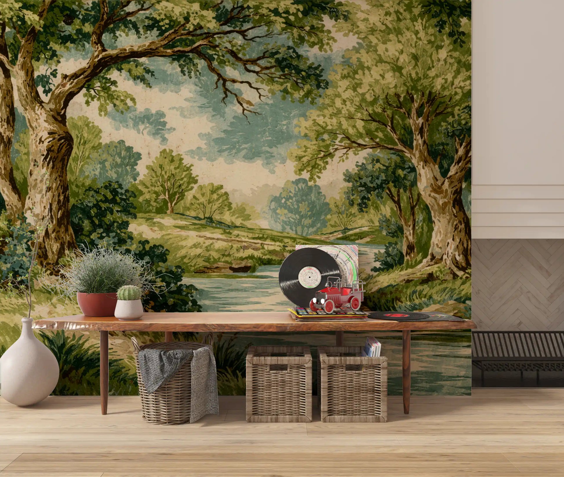 Green woodland wall mural featuring a calm river and textured tree trunks.