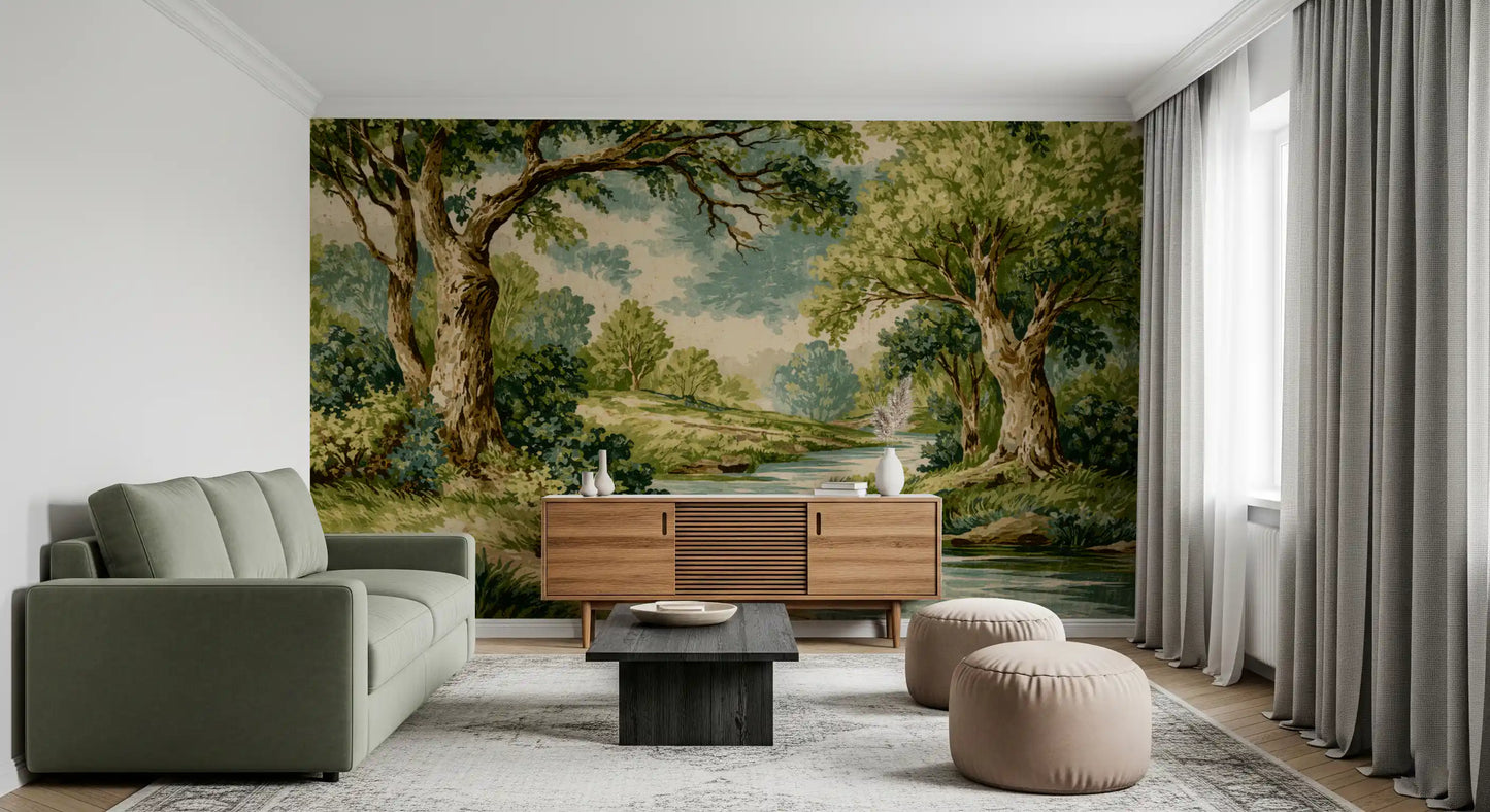 Vintage style Woodland wall mural with earthy brown and green tree tones.