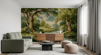 Vintage style Woodland wall mural with earthy brown and green tree tones.
