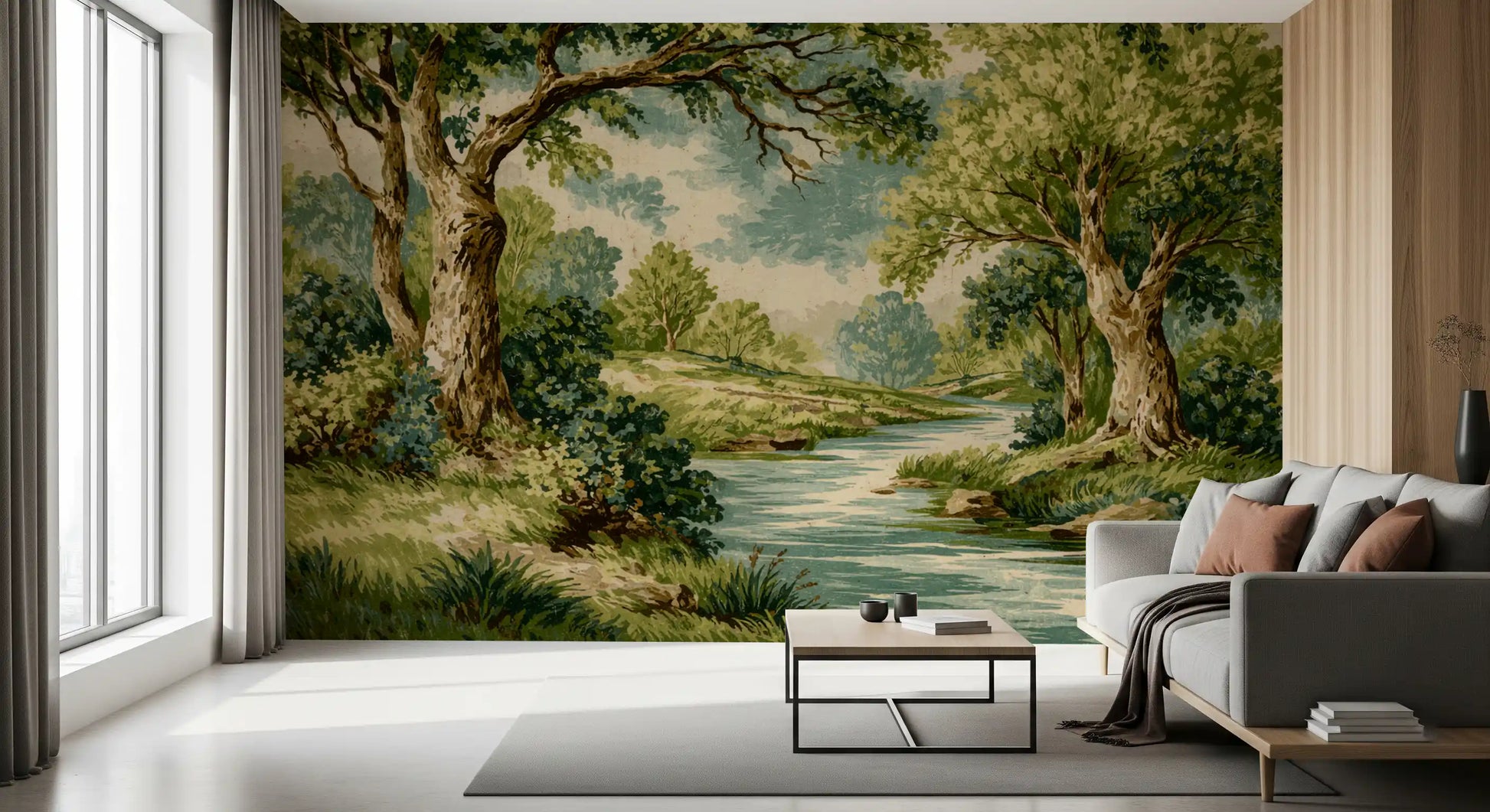 Green forest wall mural with a blue stream and grassy banks in living area.