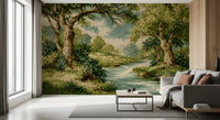 Green forest wall mural with a blue stream and grassy banks in living area.