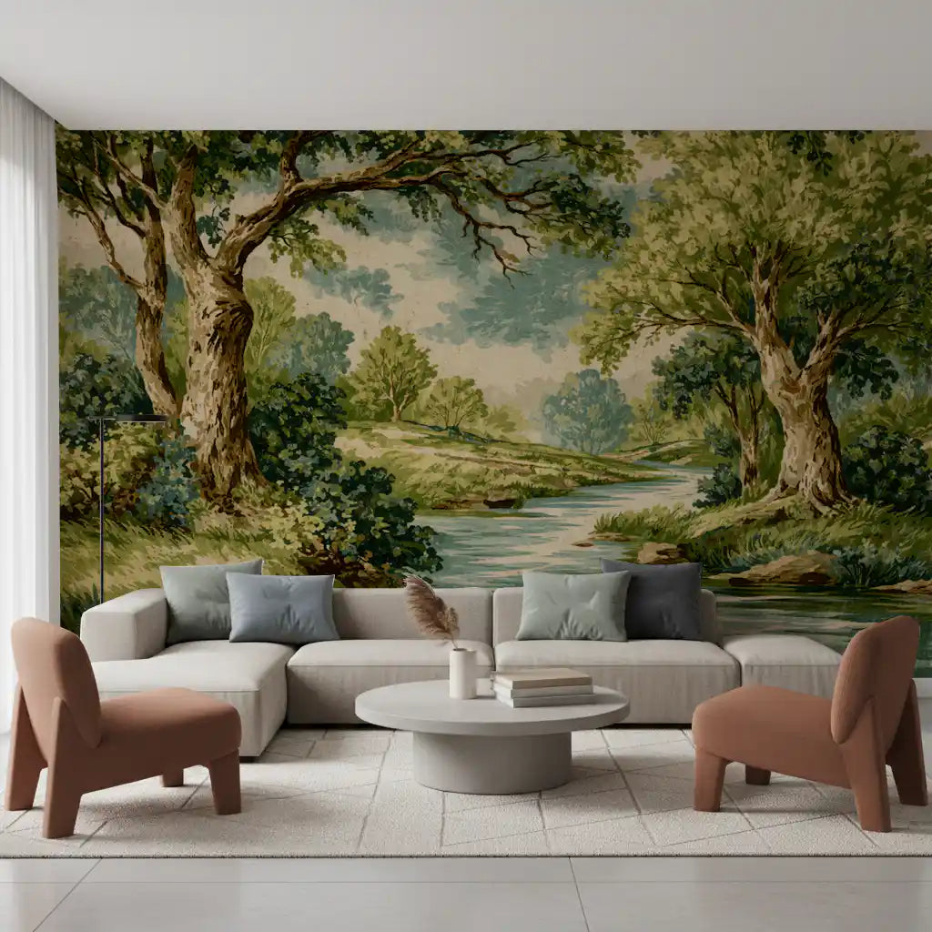 Woodland River Bend Wall Mural showing a vintage nature scene in living room.