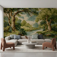Woodland River Bend Wall Mural showing a vintage nature scene in living room.