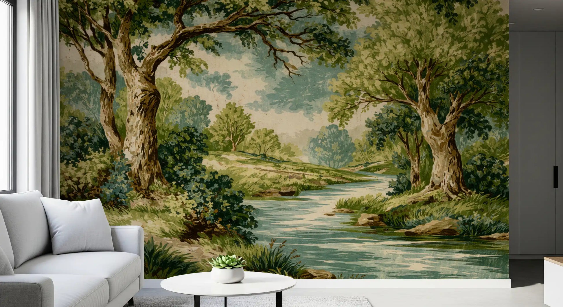 Woodland River Bend Wall Mural with green trees and a blue river.