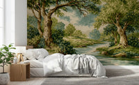 Woodland River Bend Wall Mural with a cloudy sky and scenic nature view.