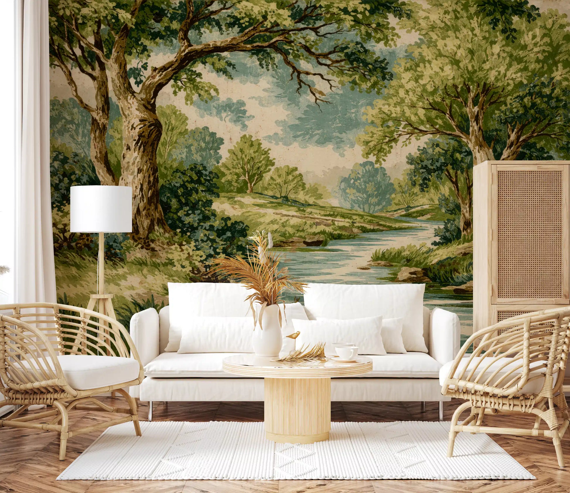 River wall mural showing a flowing stream through a dense green forest area