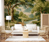 River wall mural showing a flowing stream through a dense green forest area