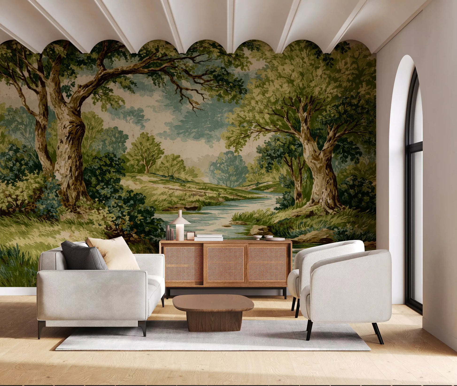 Bend wall mural with a winding waterway and large green canopy trees.