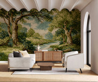 Bend wall mural with a winding waterway and large green canopy trees.