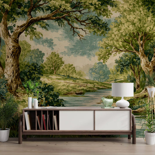 Woodland River Bend Wall Mural depicting a country river landscape in hallway.