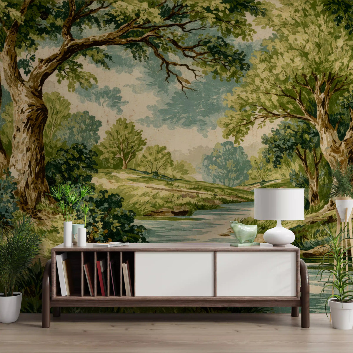 Woodland River Bend Wall Mural depicting a country river landscape in hallway., GD10023