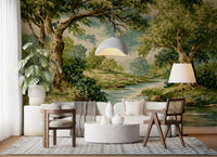 Scenic woodland wall mural with teal water and green leafy trees for living room.